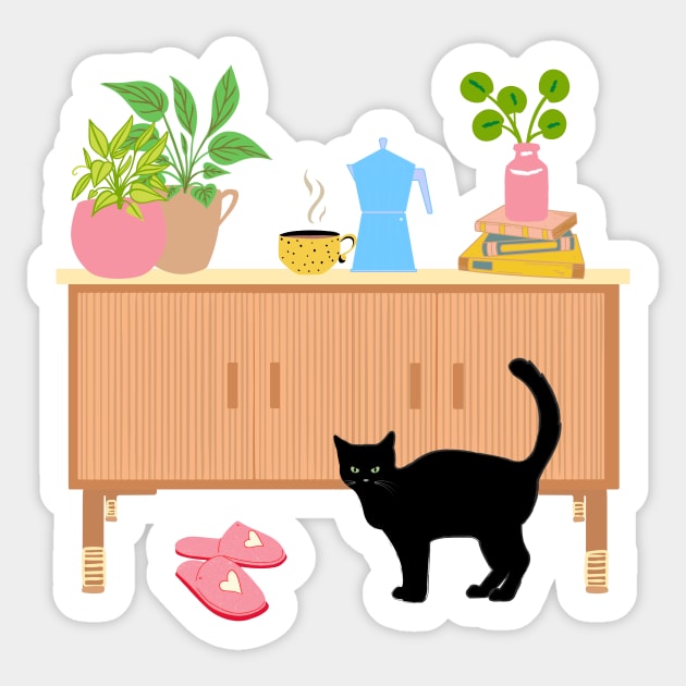 Black cat in the living room Sticker by monicasareen